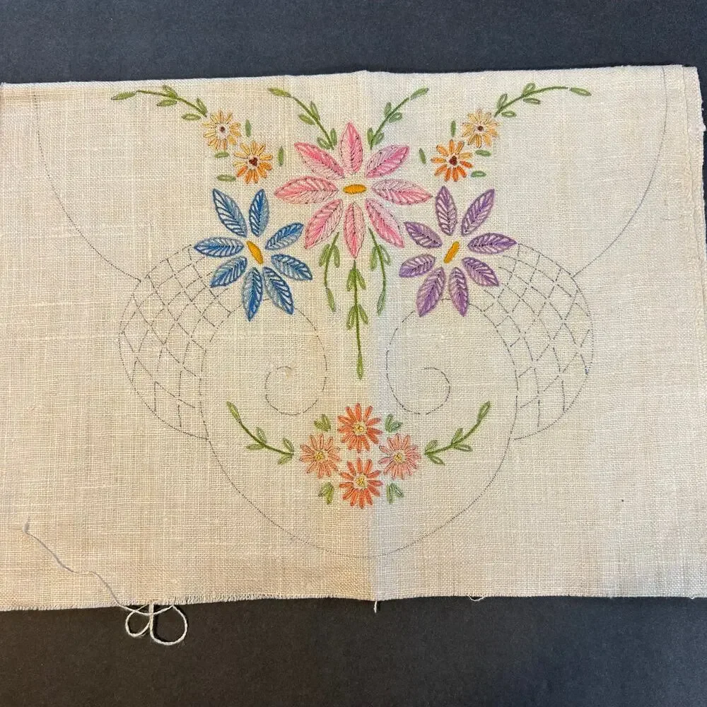 Vintage Prime Needleart Co #1085 Stamped Linen Floral‎ Runner Unfinished Project